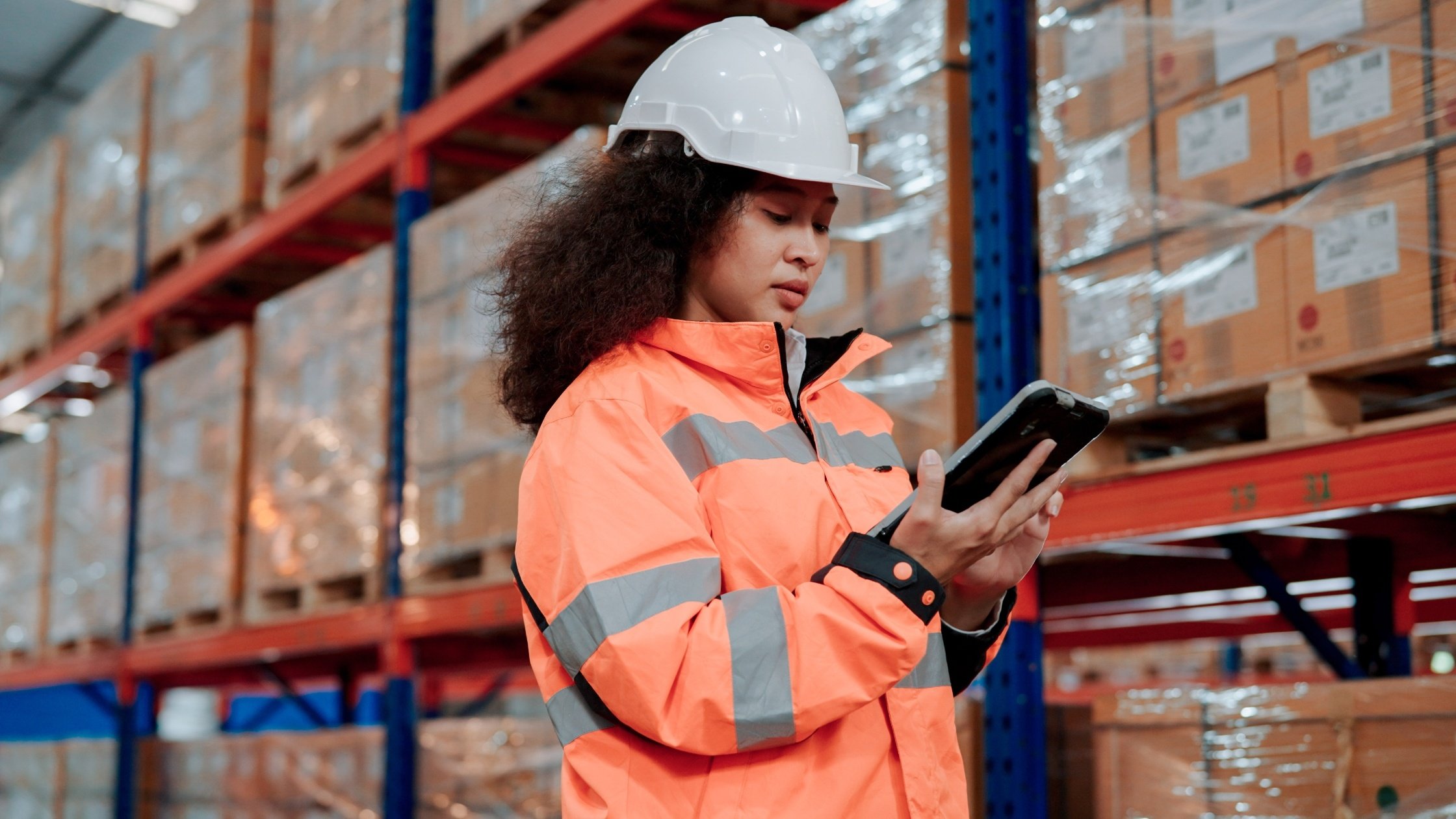  Person in warehouse with tablet counting inventory 